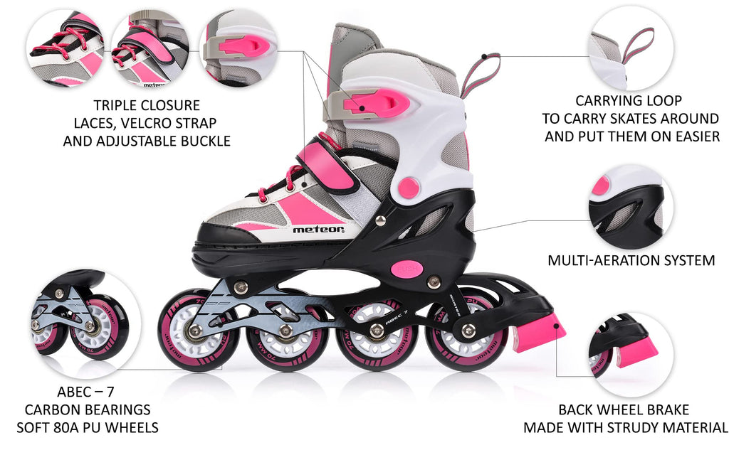 Meteor Kids Adjustable Inline Skates - ABEC 7 Roller Blades - Pink/Grey, M