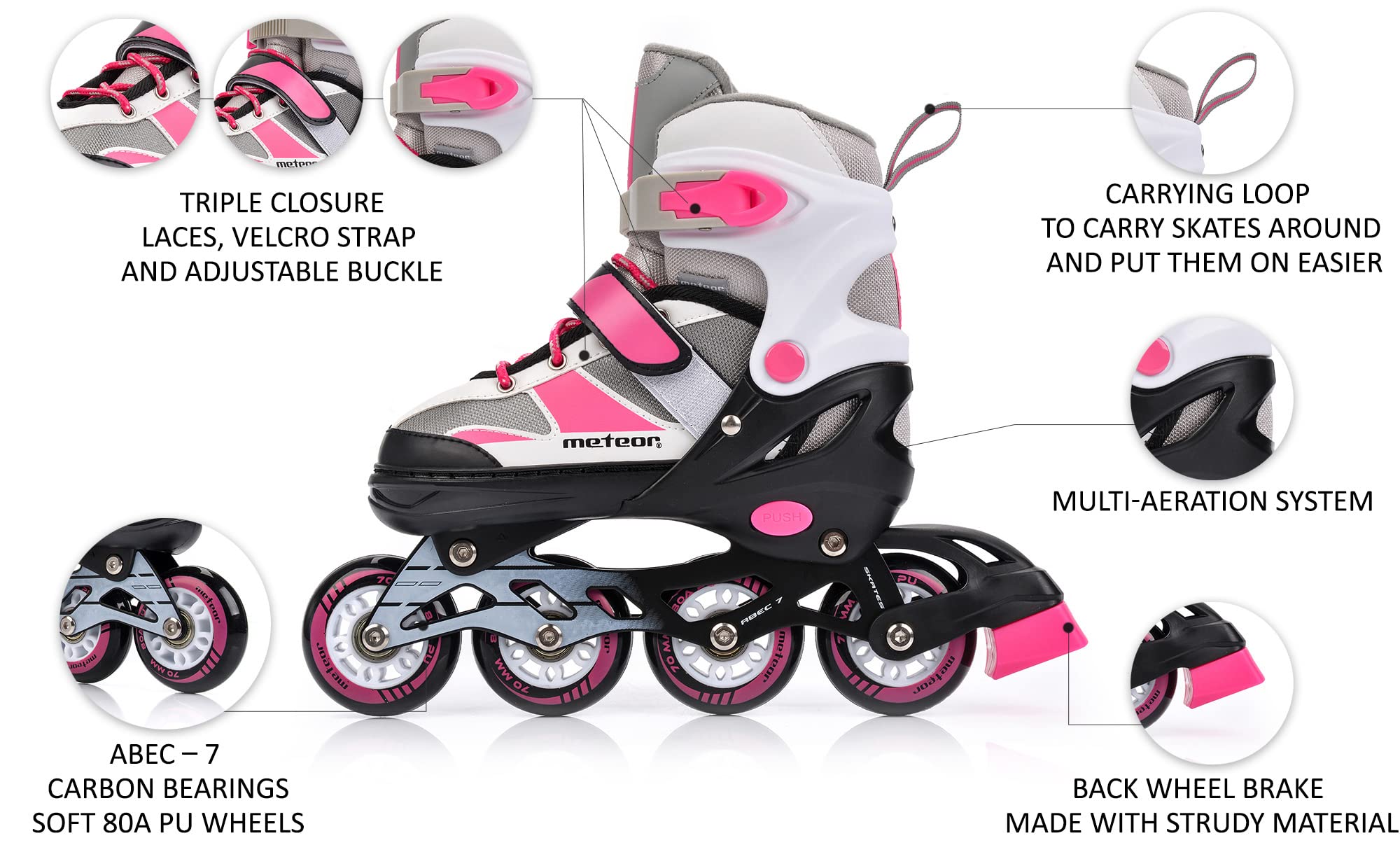 Meteor Kids Adjustable Inline Skates - ABEC 7 Roller Blades - Pink/Grey, M