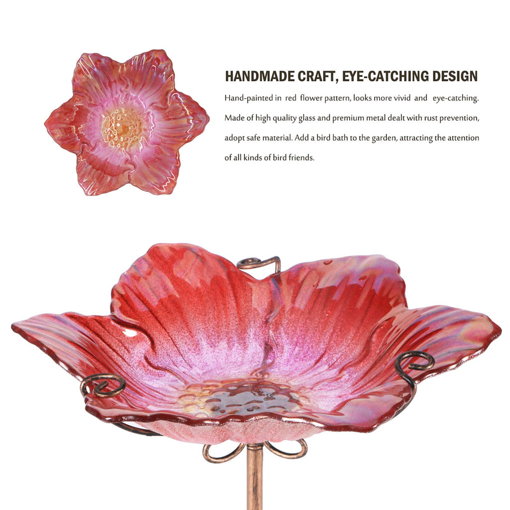 MUMTOP Glass Bird Bath and Feeder – Flower Pattern with Metal Stake, Red