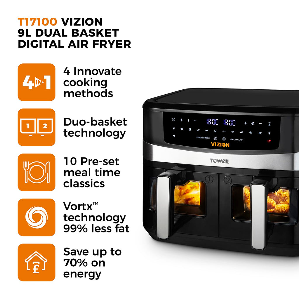 Tower T17100 Vortx Vizion 9L Dual Basket Air Fryer - 10 Pre-sets, Black