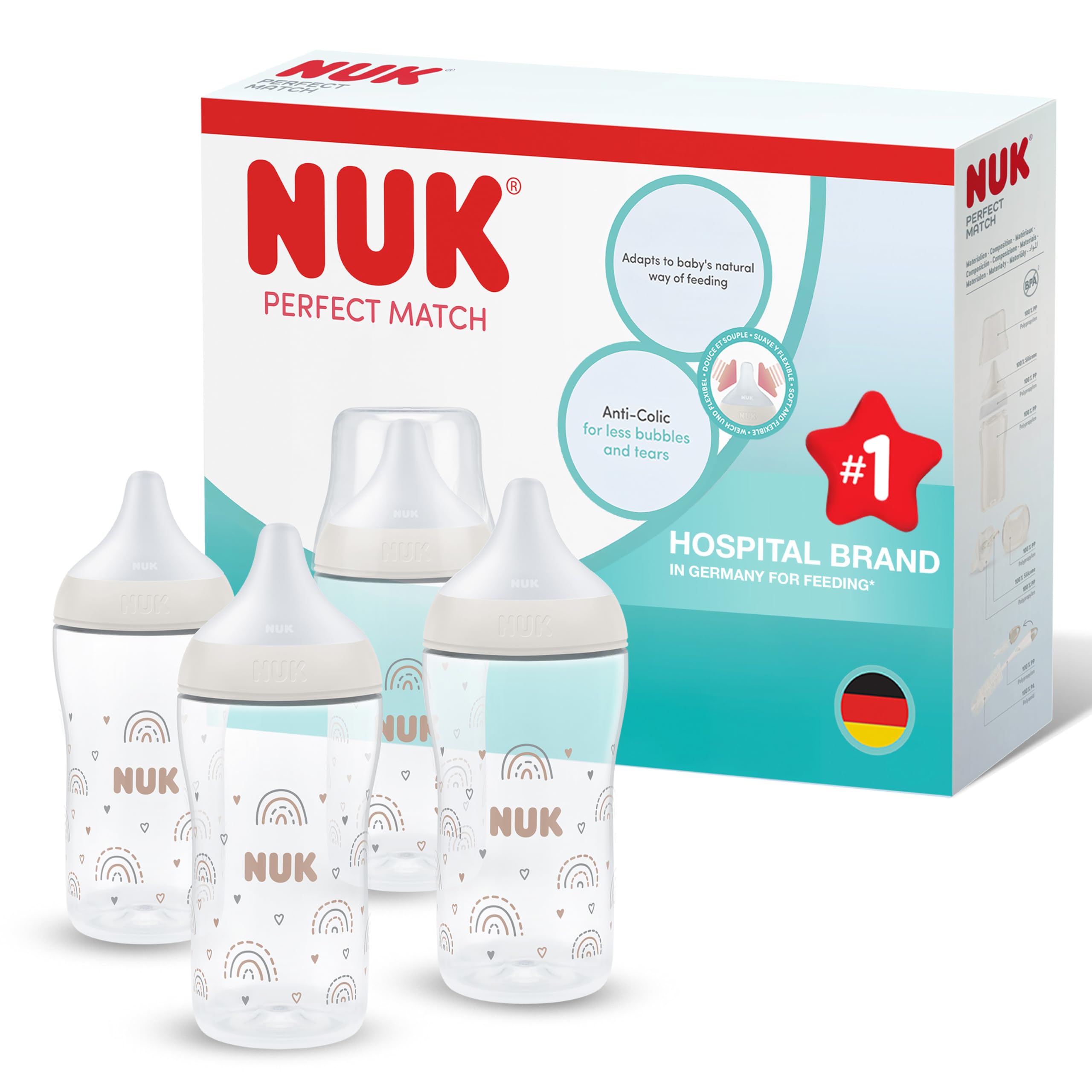 NUK Perfect Match Anti-Colic Baby Bottle | 260ml | 4 Count | Rainbow