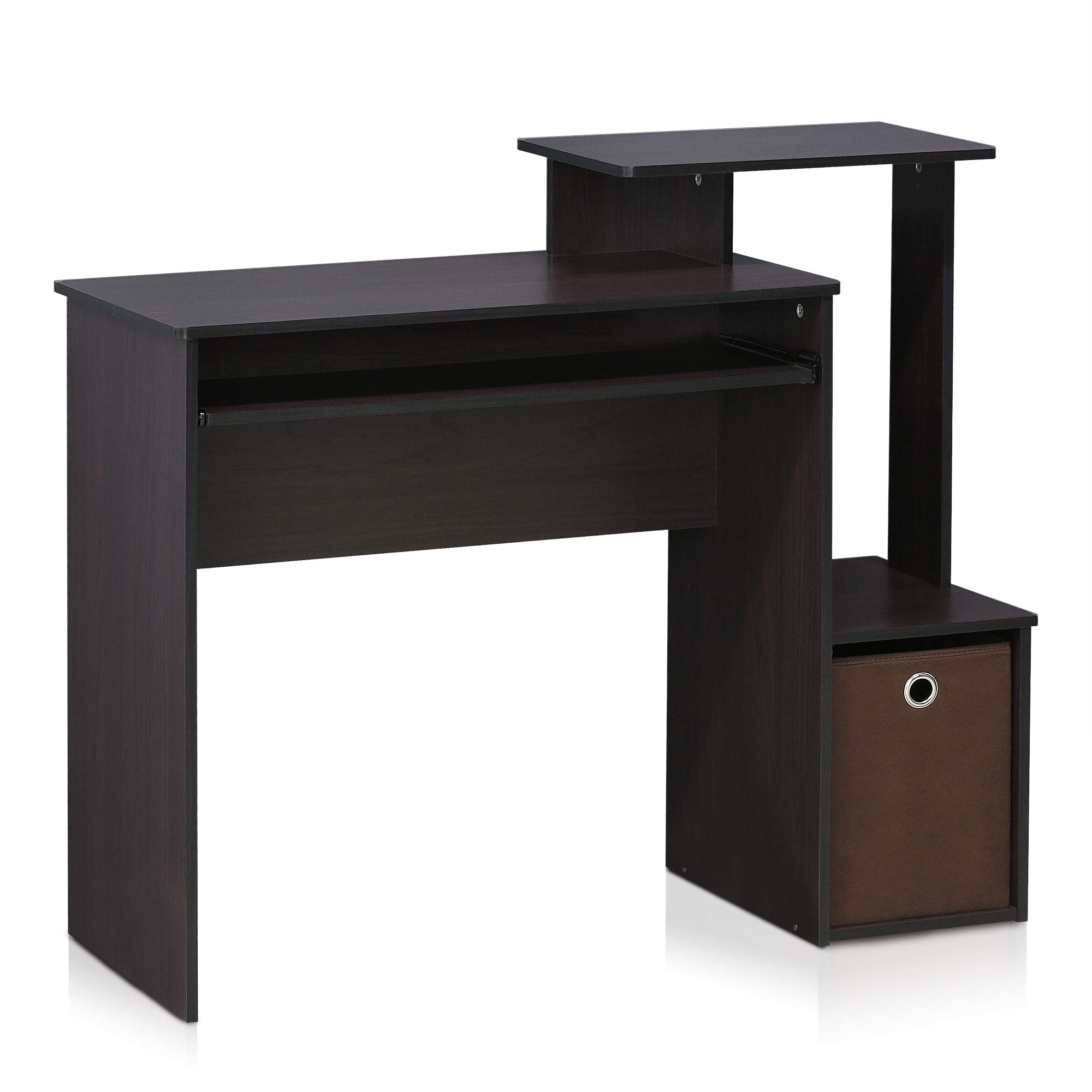 Furinno Econ Computer Desk with Storage Bin - Dark Walnut Wood