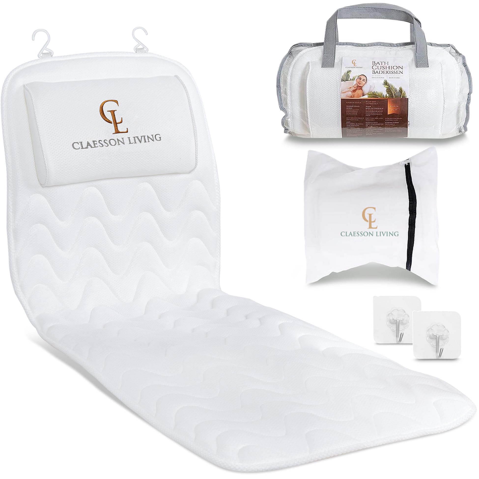 Claesson Living Full-Body Bath Pillow – 17x49 Quick-Dry Bathtub Cushion