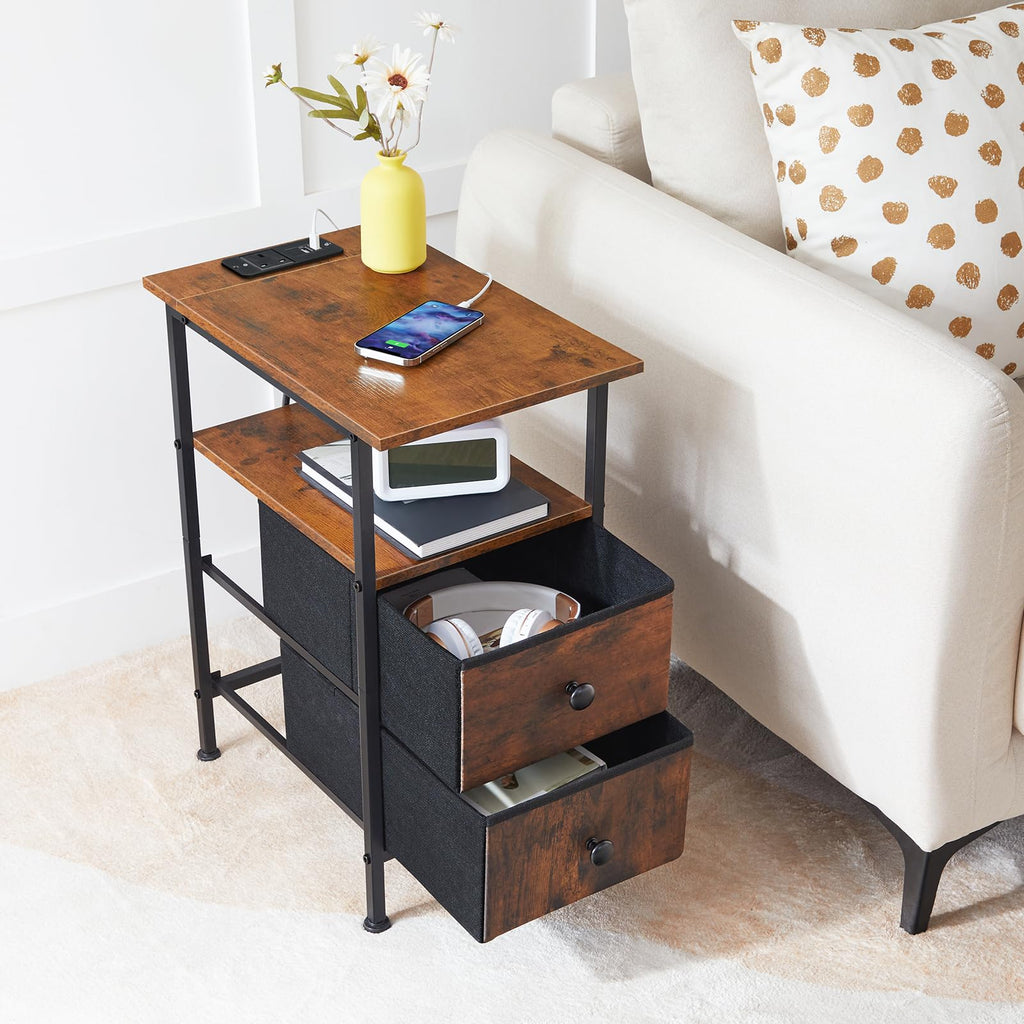 HOOBRO Narrow Bedside Table with Charging Station and 2 Drawers
