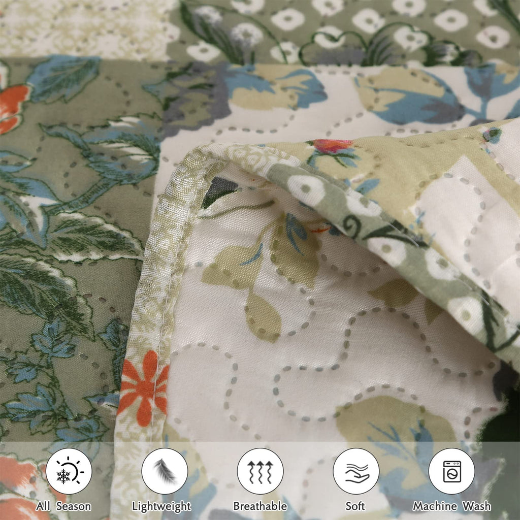 Qucover Double Bedspread Set – Green Floral Patchwork Ultrasonic Quilt