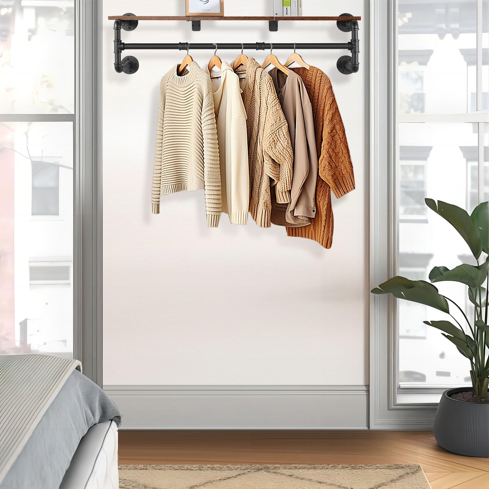 Yawinhe Industrial Pipe Wall Mounted Garment Rack with Wood Top Shelf