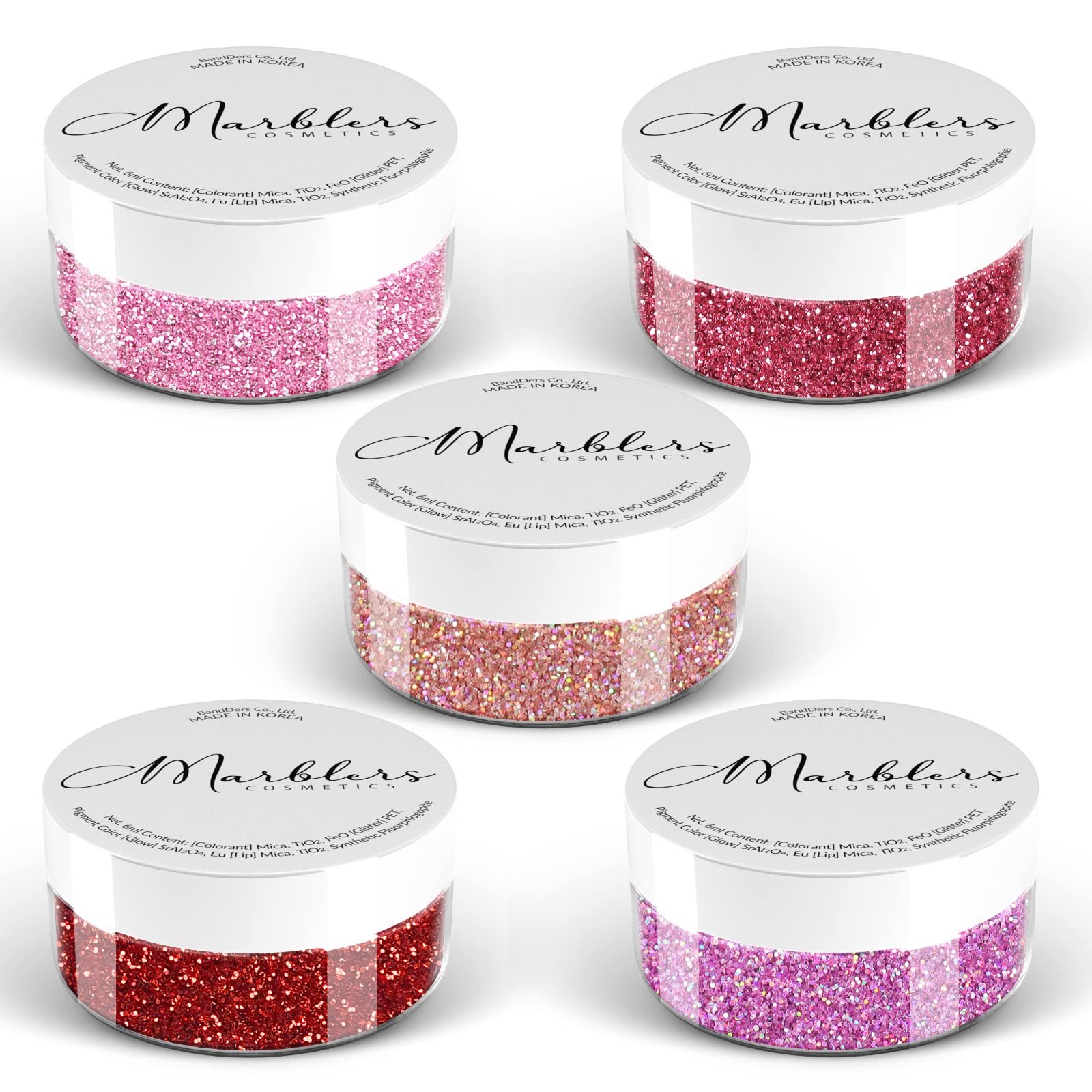 MARBLERS Cosmetic Fine Glitter 5 Pack - Pink Vibe Vegan Makeup (25g)