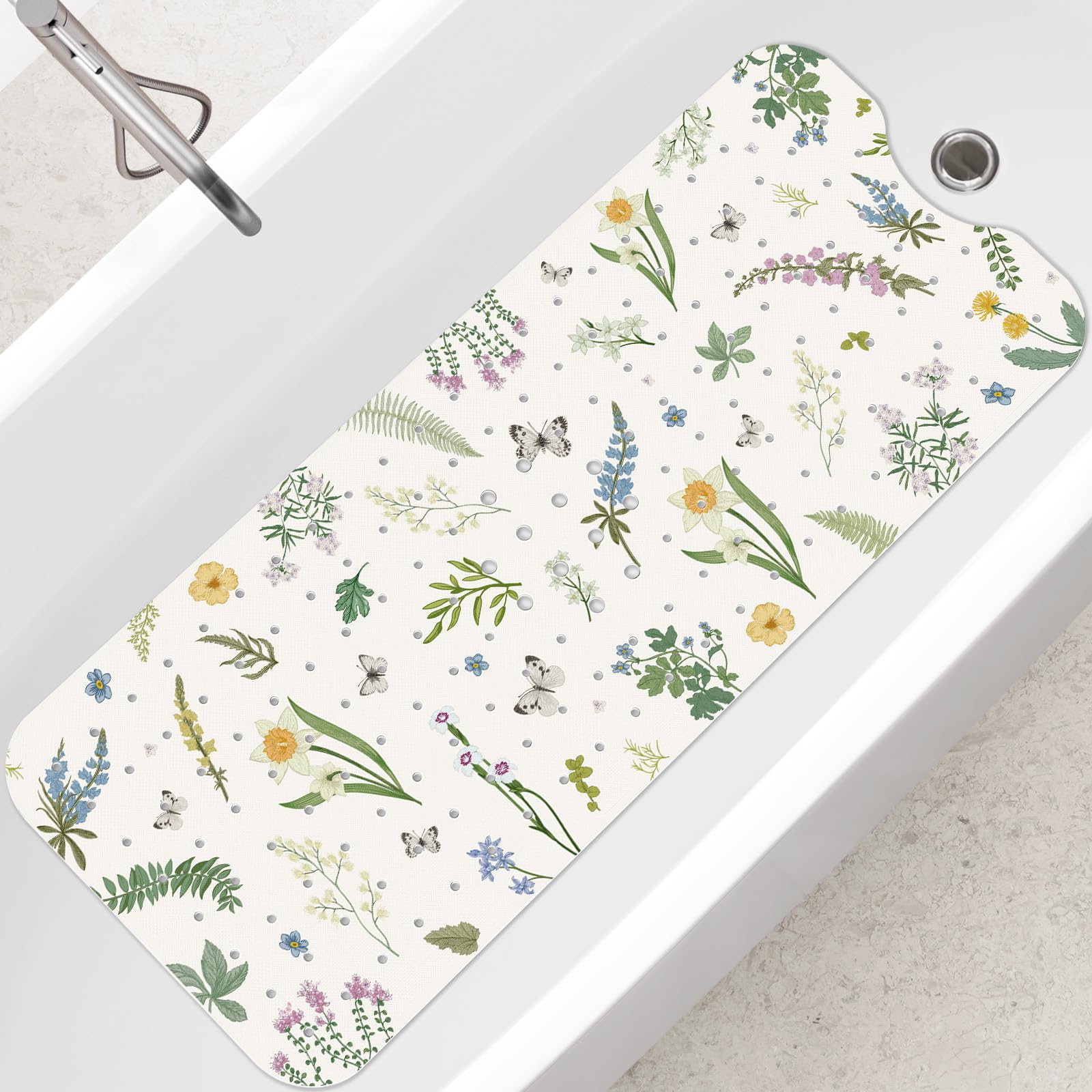 SHUCHING Floral Extra Long Bath Mat | 100x40cm Non-Slip PVC Bathtub Mat