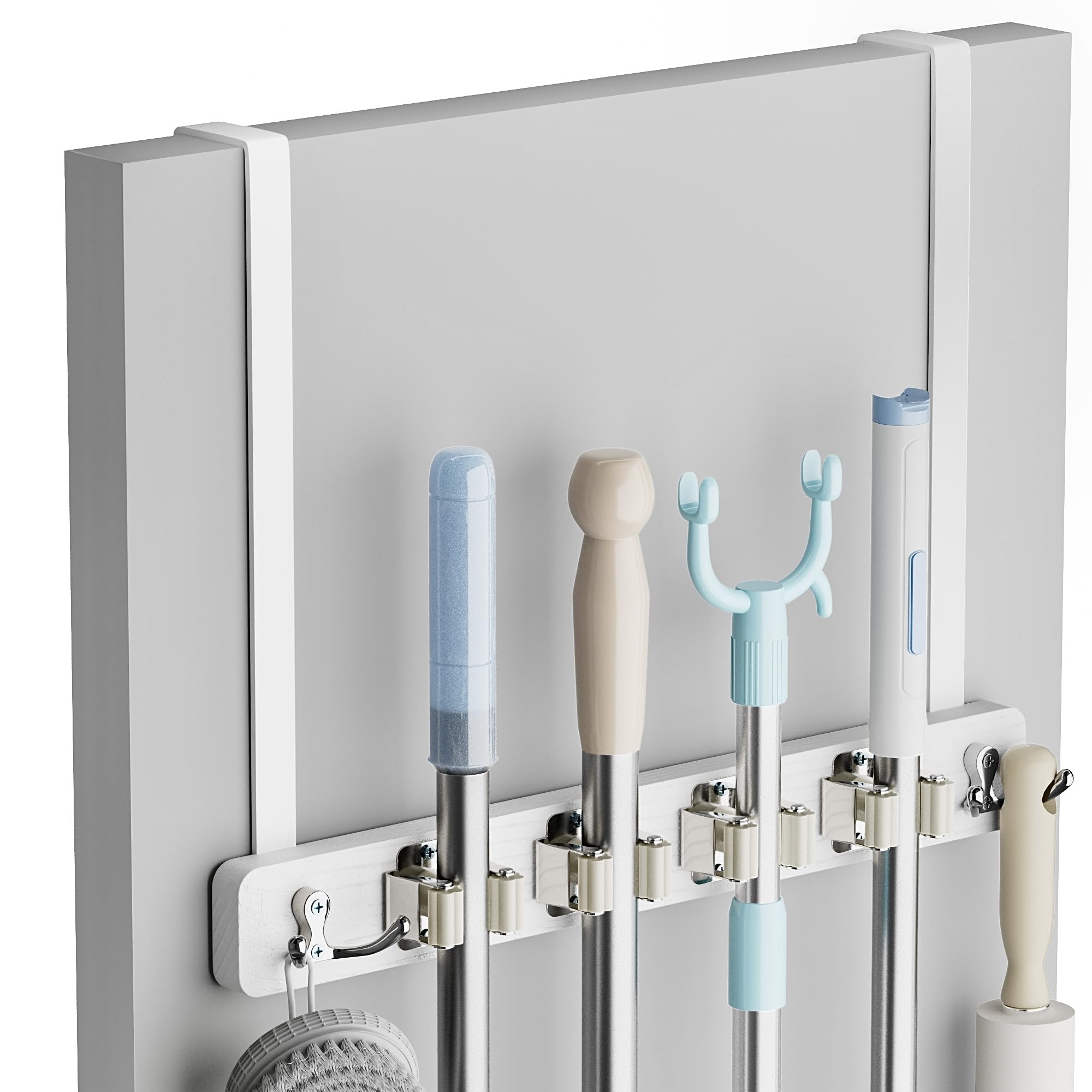 Lorbro Wood Broom Holder Door Mount | Over the Door Mop and Tool Rack