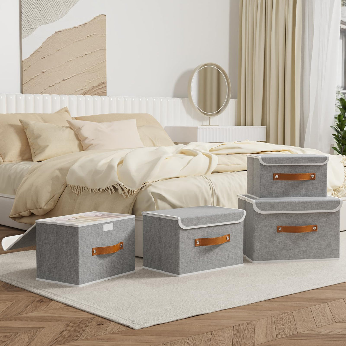 OUTBROS Fabric Storage Boxes with lids, Bins 33x23x20 cm Grey, 3-Pack