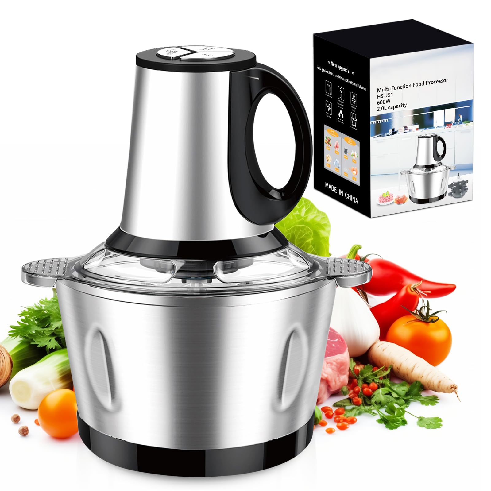 LUKVCIY Electric Food Chopper – 600W Meat Grinder with 2L Steel Bowl