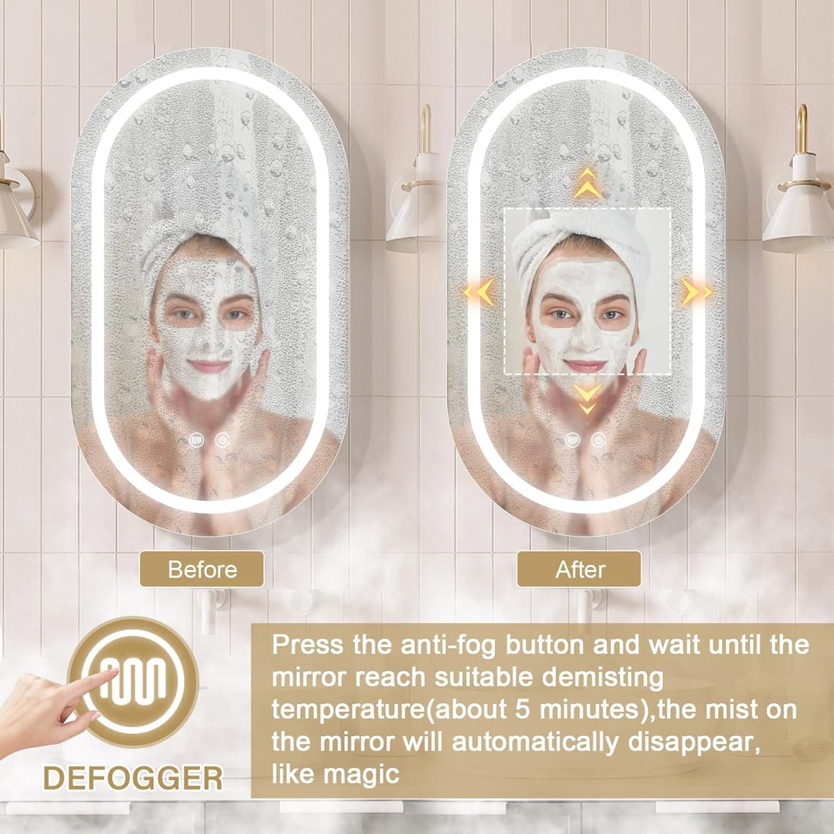 Janboe Oval Mirror Cabinet with Light,41×71cm,3 Colors&Dimmer,Defogger,Internal LIghting,Powerer Coating Iron,USB Shaver Socket,White - image 5