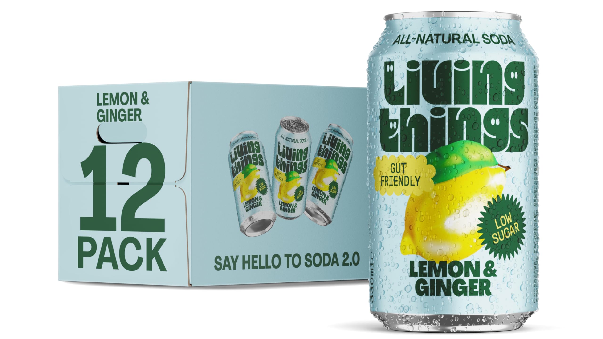 Living Things Prebiotic Soda – Lemon & Ginger Gut Health Drink – 12 Pack
