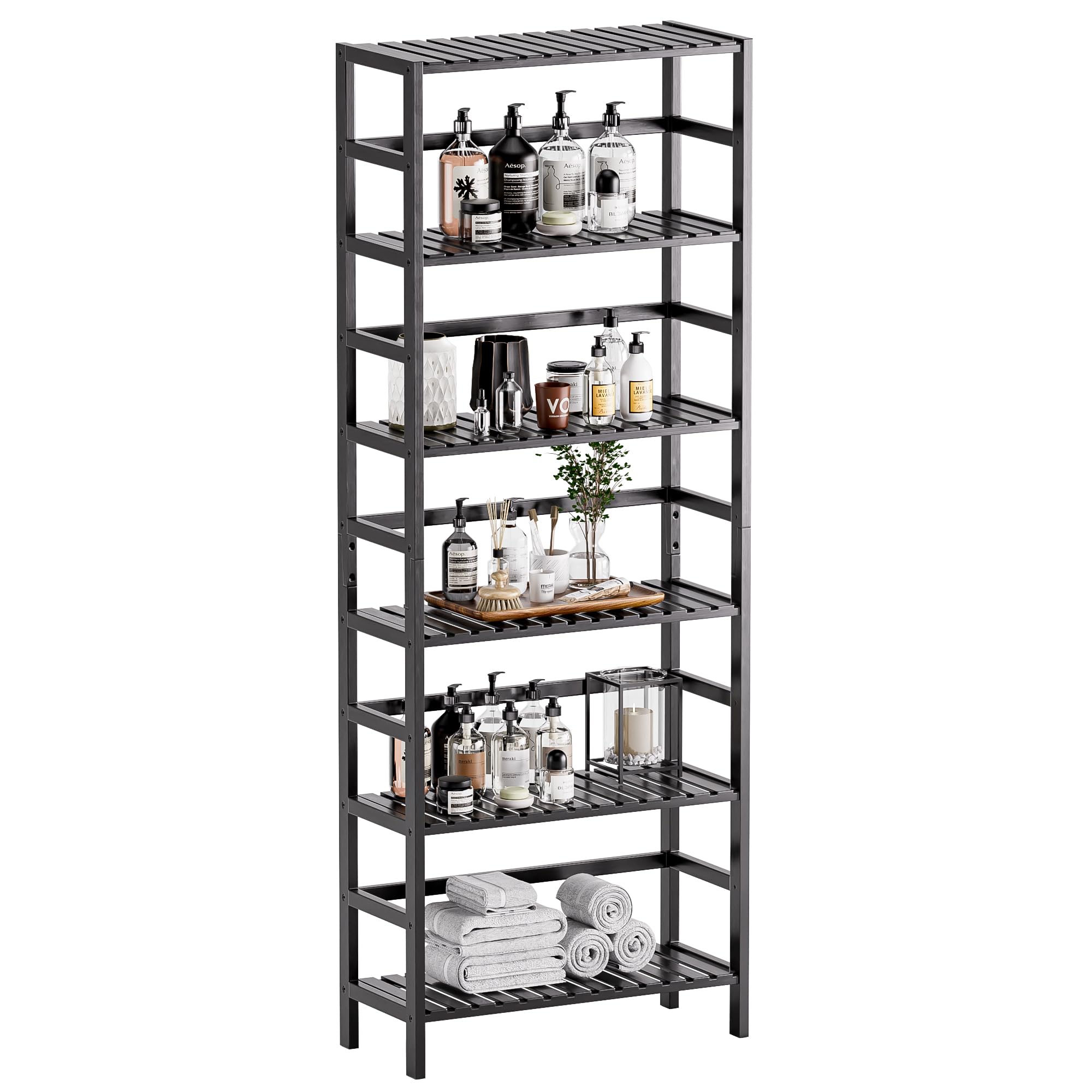 HITNET 6-Tier Bamboo Bookshelf – Tall Adjustable Open Storage Unit, Black