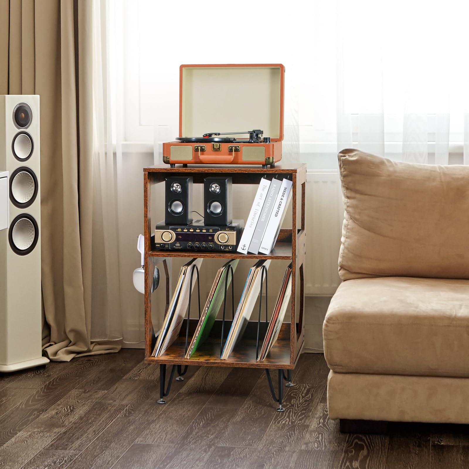 ikkle Rustic Record Player Stand | Vinyl Storage Cabinet with Metal Legs