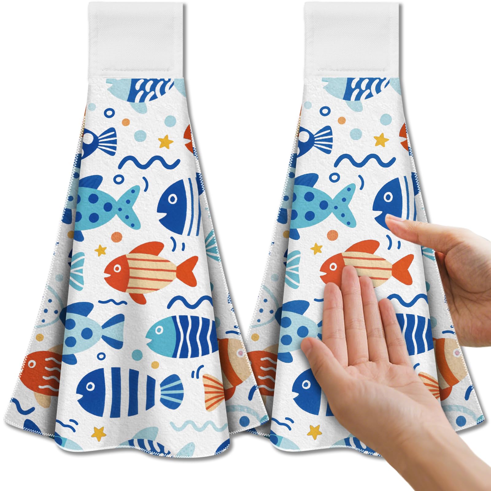 CUTHOLLOW Blue Cartoon Fish Microfiber Hanging Tea Towels - 2 Pack
