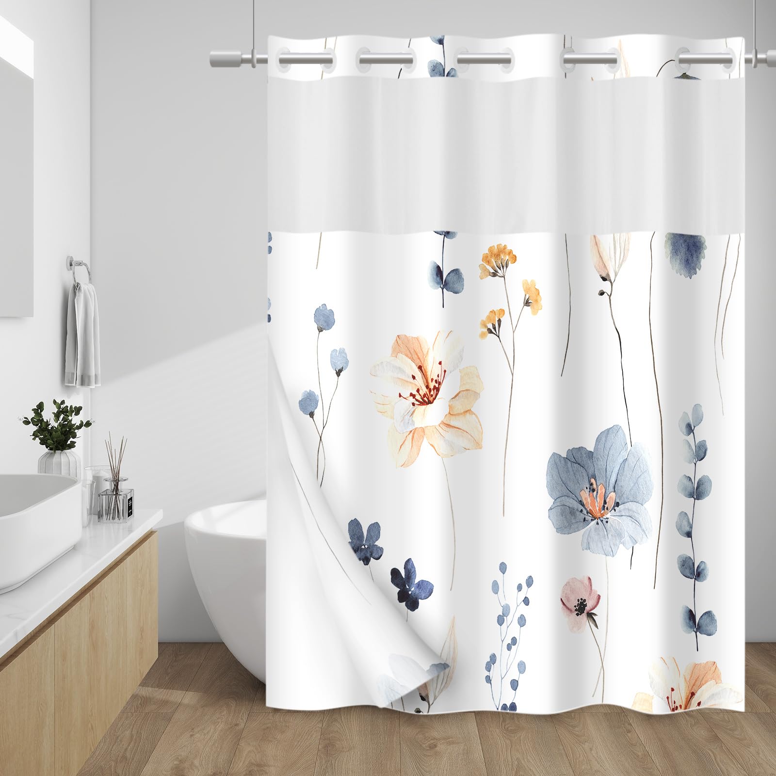 WITHLOC No Hook Floral Shower Curtain with Snap-in Liner – Blue & Beige