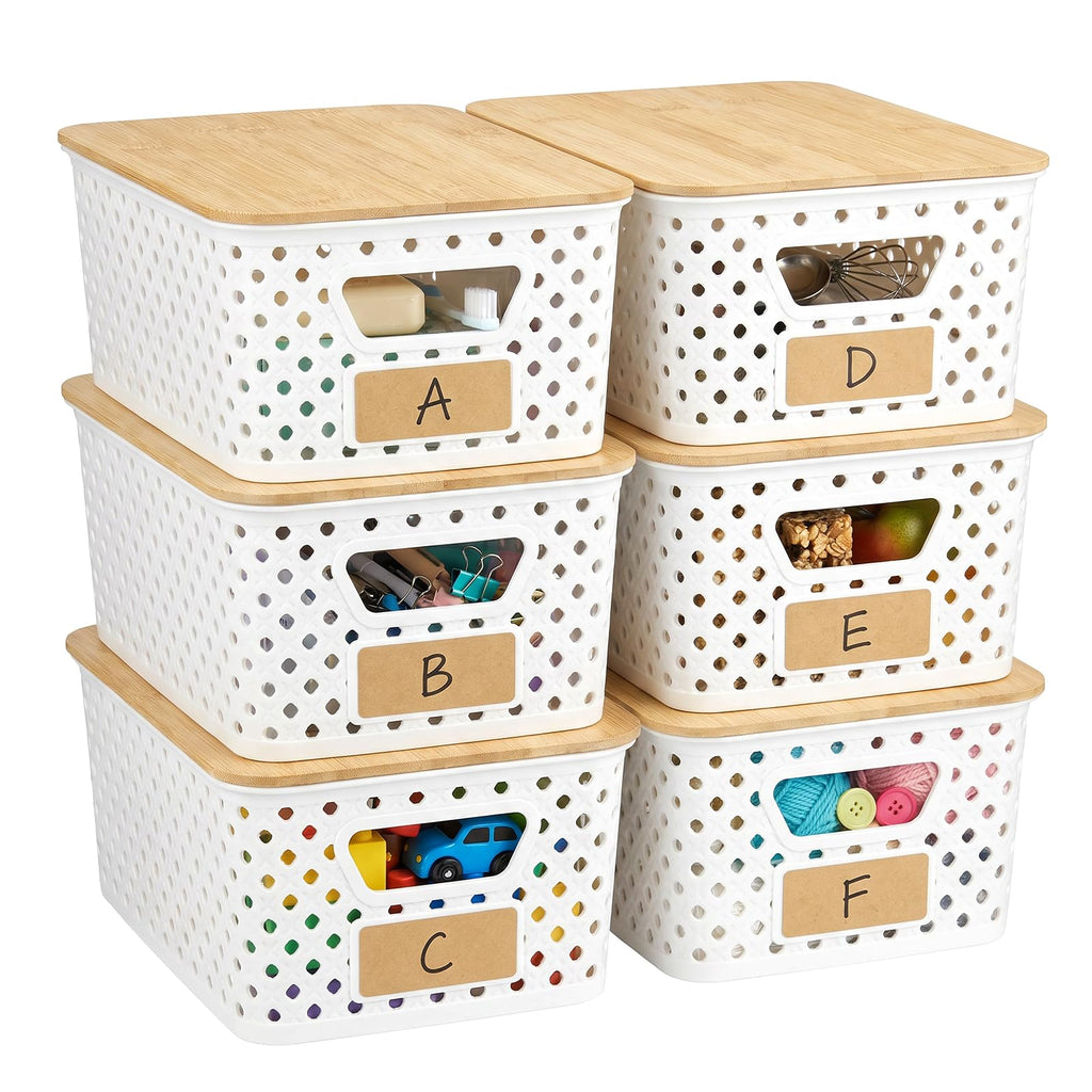 Yekolau 6 Pack Storage Bins for Shelves, Plastic Storage Containers with Bamboo Lids for Organizing, Stackable Storage Boxes with Handle - image 1