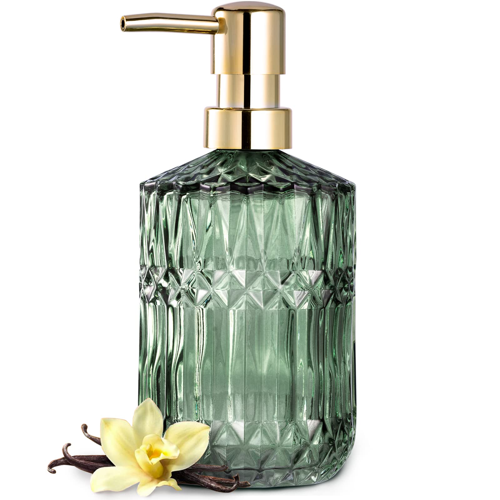 EMPO Glass Soap Dispenser – 12oz Refillable Lotion Pump for Kitchen, Green