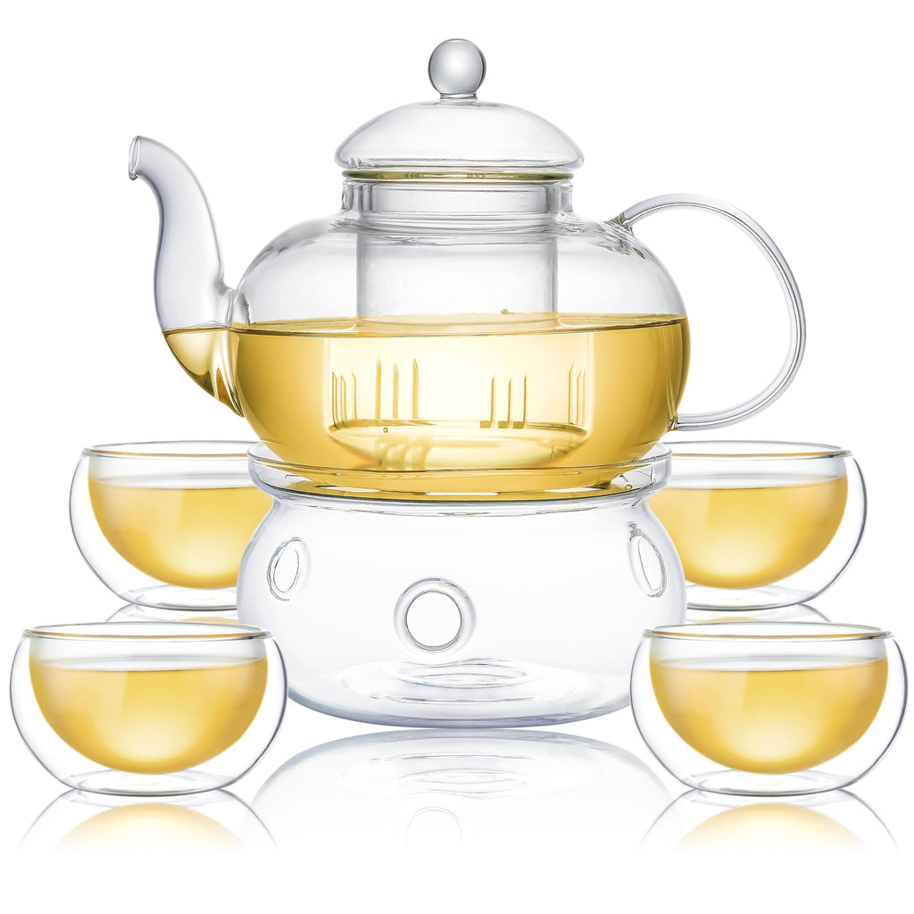 CnGlass 1000ml Glass Teapot with Infuser, 4 Teacups & Warmer Set