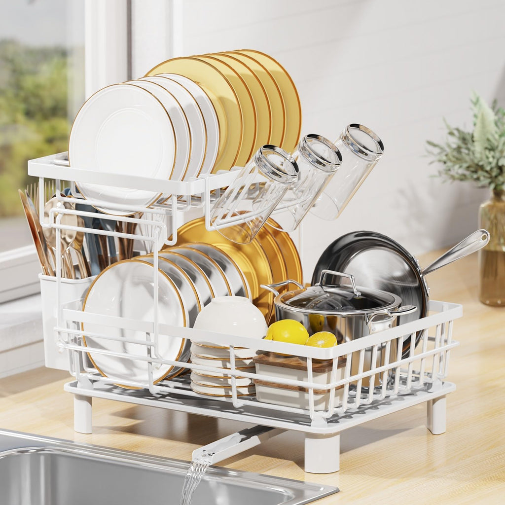 LIONONLY 2-Tier Dish Drying Rack with 360° Swivel Spout & Drip Tray