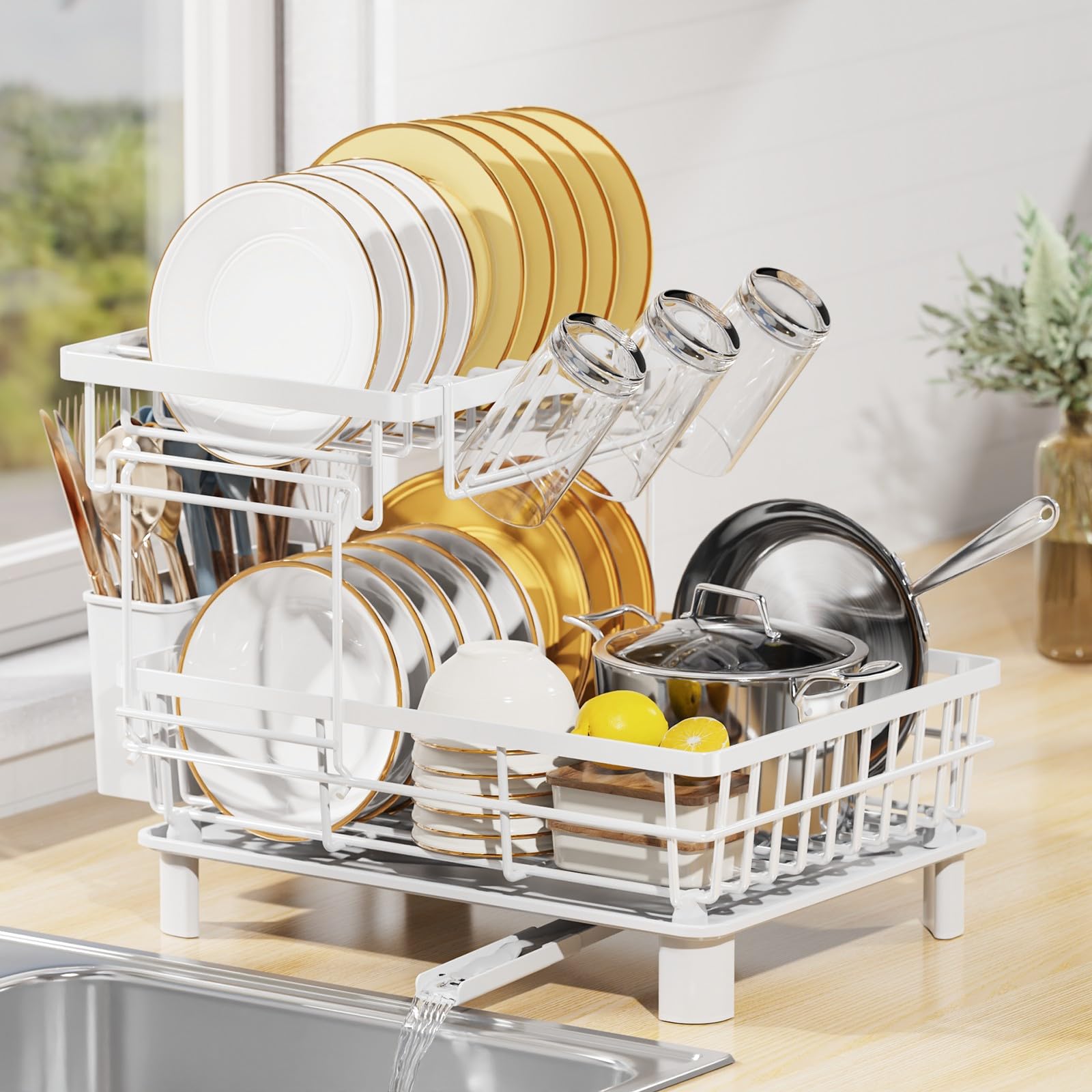 LIONONLY 2-Tier Dish Drying Rack with 360° Swivel Spout & Drip Tray