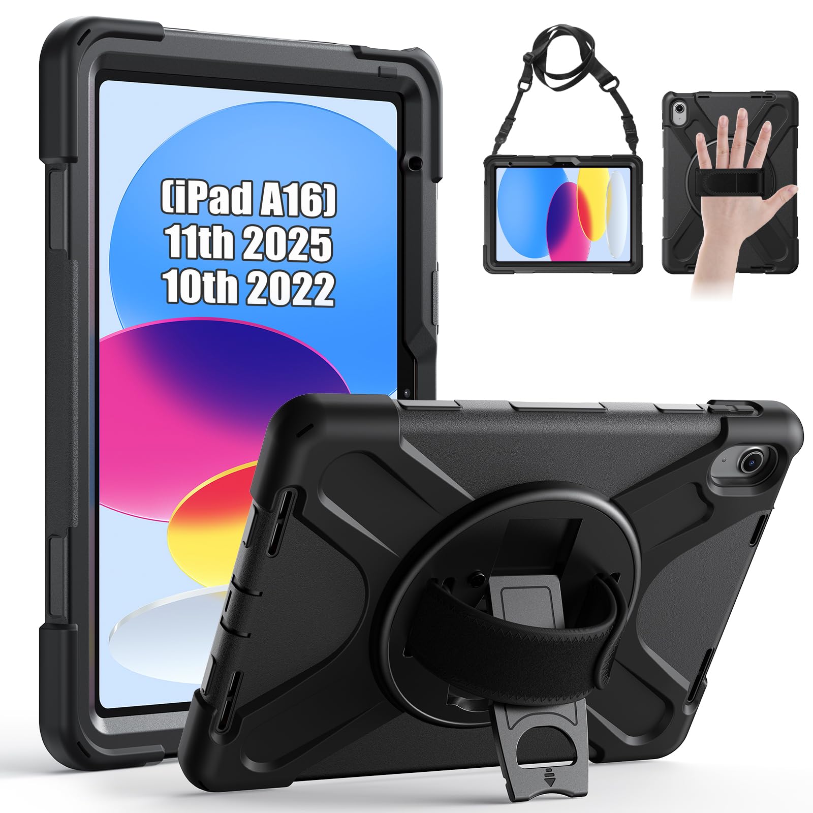Gerutek iPad 11th/10th Gen Rugged Case | 360 Stand & Hand Strap – Black
