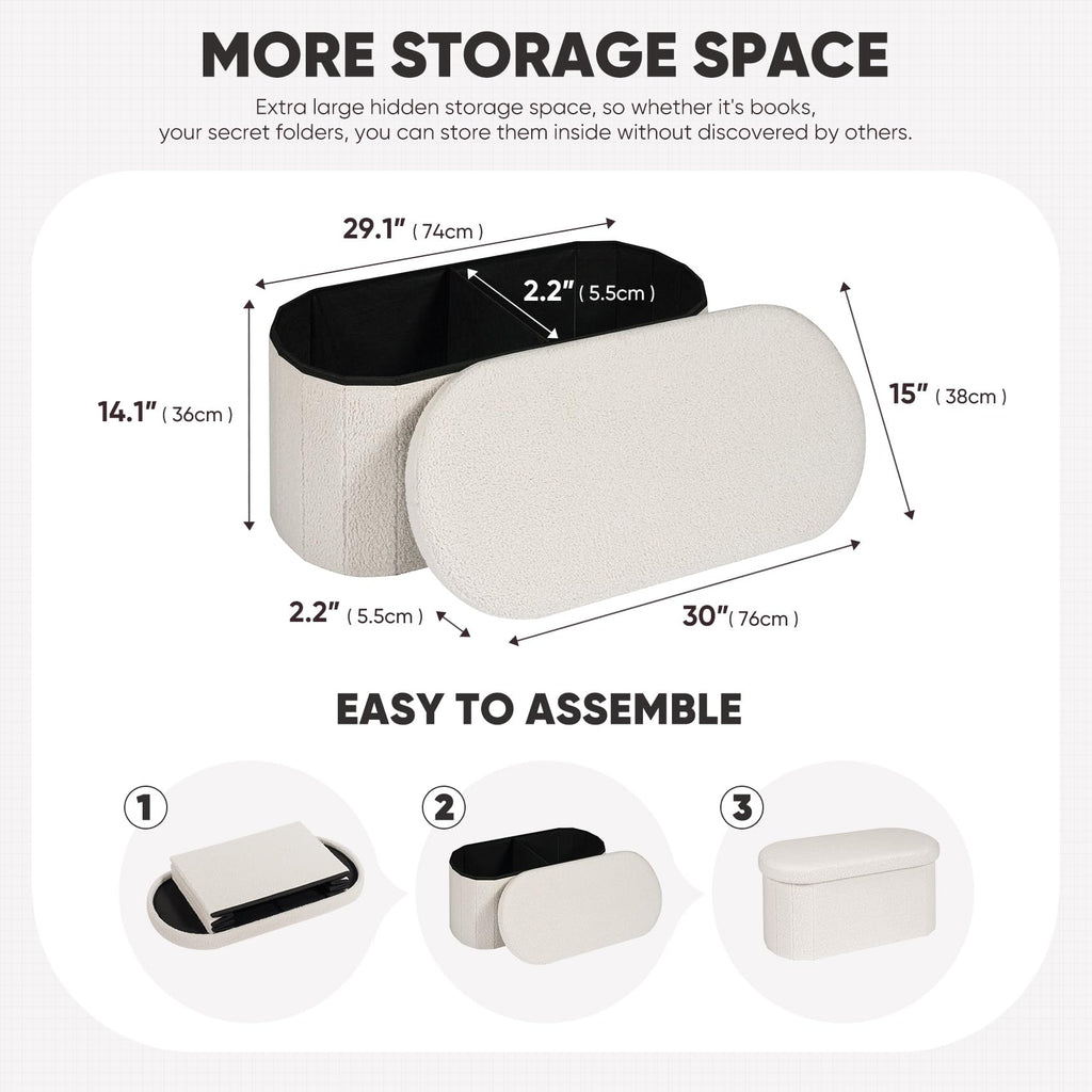 Bonlife White Boucle Folding Ottoman Storage Bench – 76cm Oval Footstool
