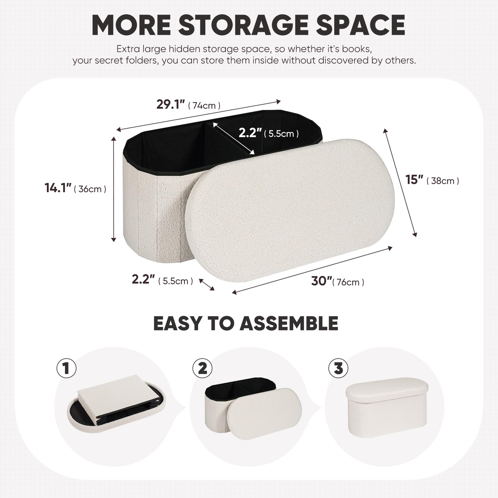 Bonlife White Boucle Folding Ottoman Storage Bench – 76cm Oval Footstool