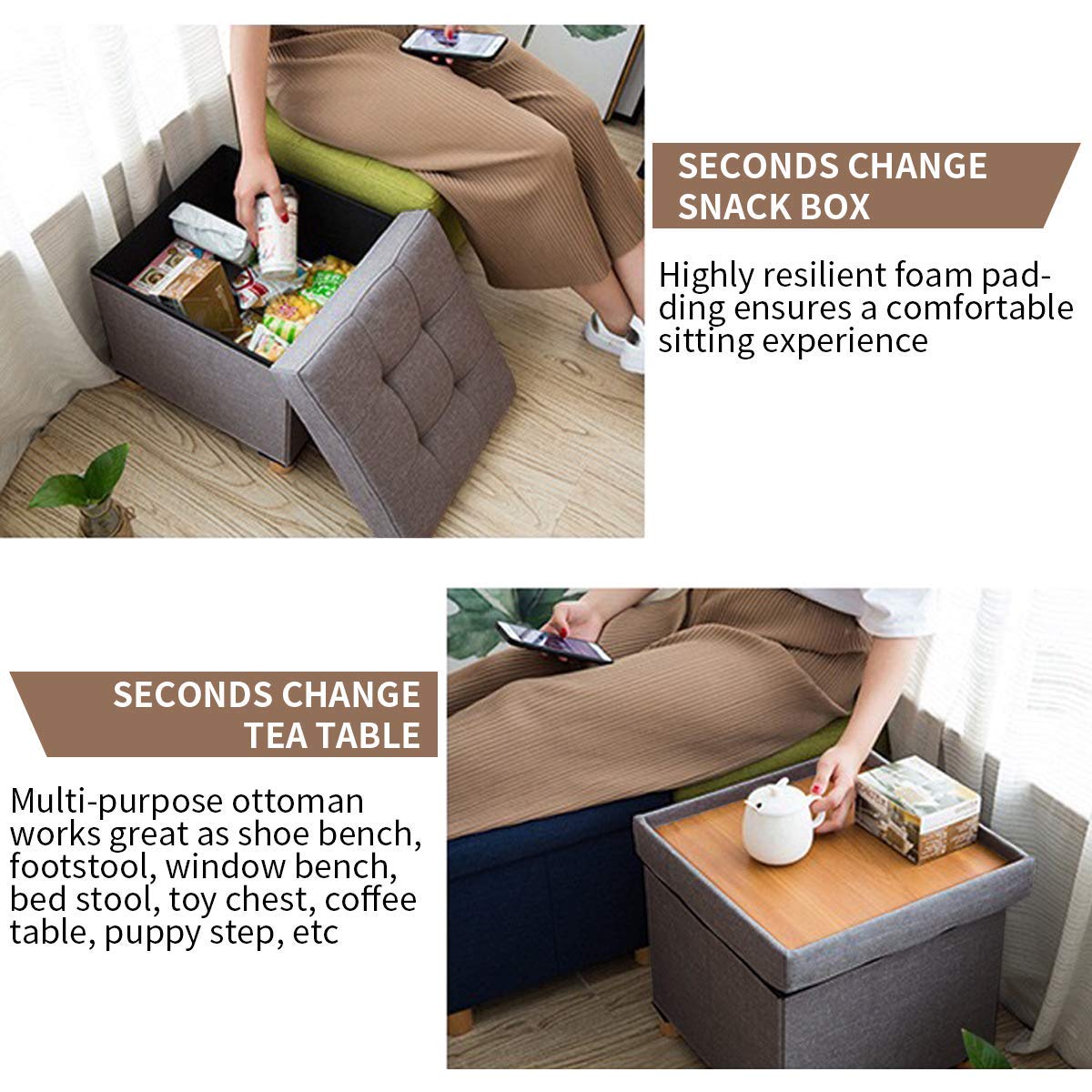 BRIAN & DANY Folding Storage Ottoman | Linen Foot Stool with Wood Legs