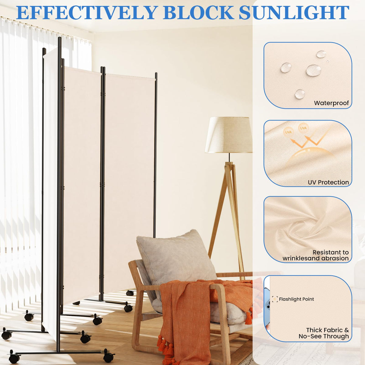 6 Panel Room Divider 183CM Folding Privacy Screens with Lockable Wheels - image 2