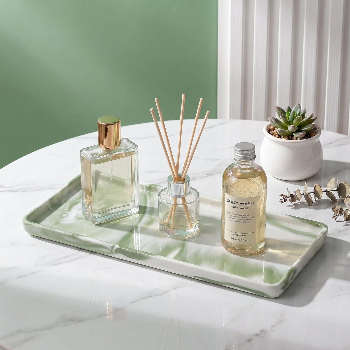 Green Marble Pattern Ceramic Vanity Tray,20.5x9.5x1.2cm Perfume & Jewelry Dish,Rectangular Countertop Organiser for Bathroom,Vanity - image 2
