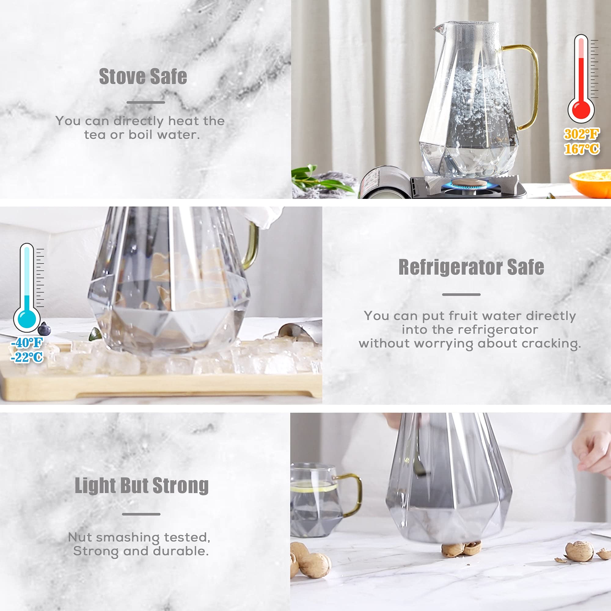 DUJUST Black Diamond Glass Pitcher Set | 6-Piece Borosilicate Carafe