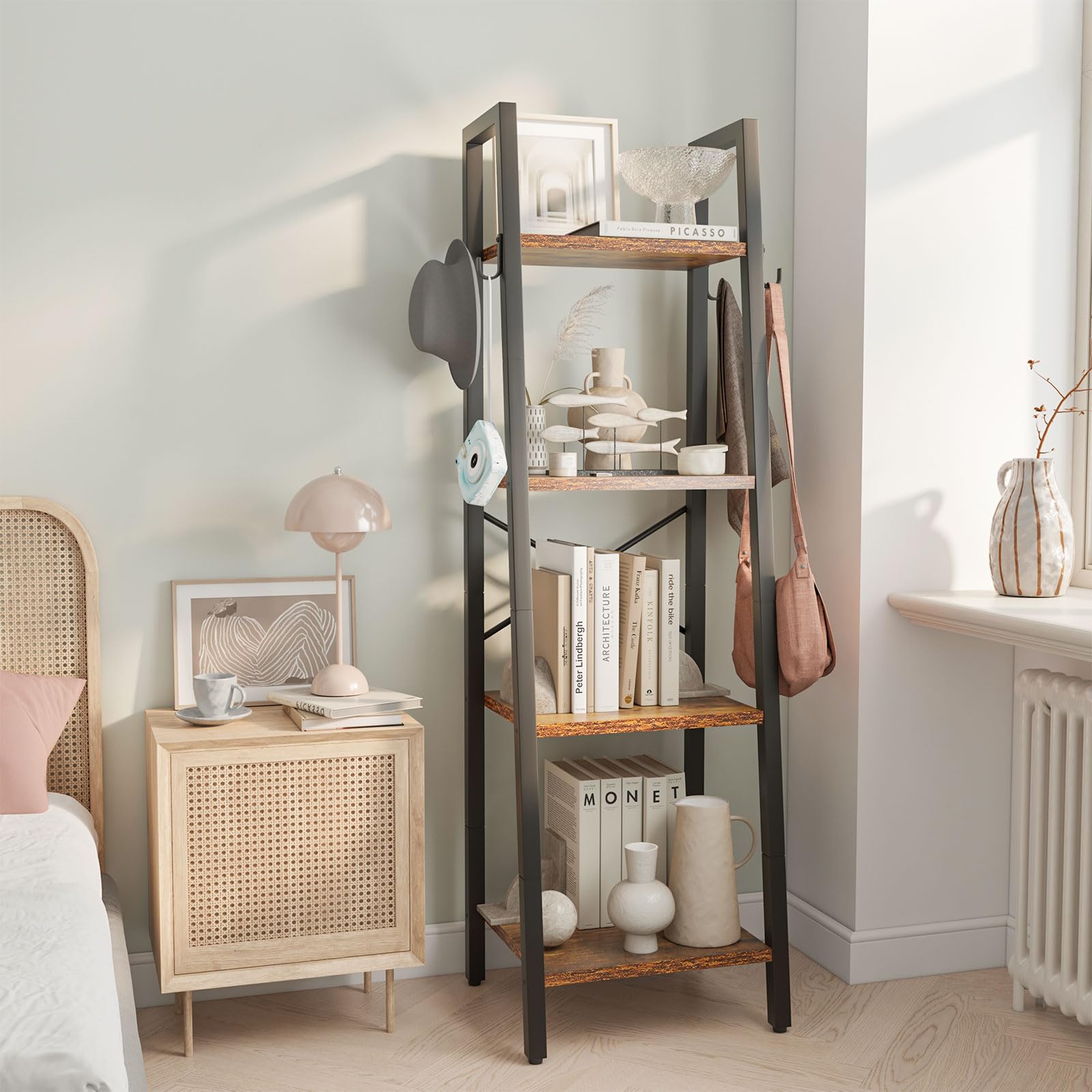 YMYNY 4-Tier Ladder Bookshelf | 125CM Industrial Rustic Brown Shelving Unit