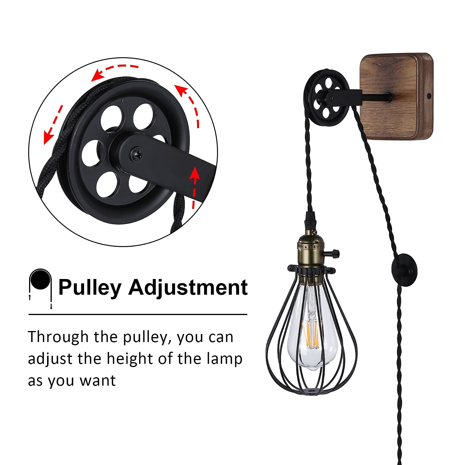 SUNLLOK Industrial Pulley Wall Lamp – Vintage Plug-in Cage Sconce (Black)