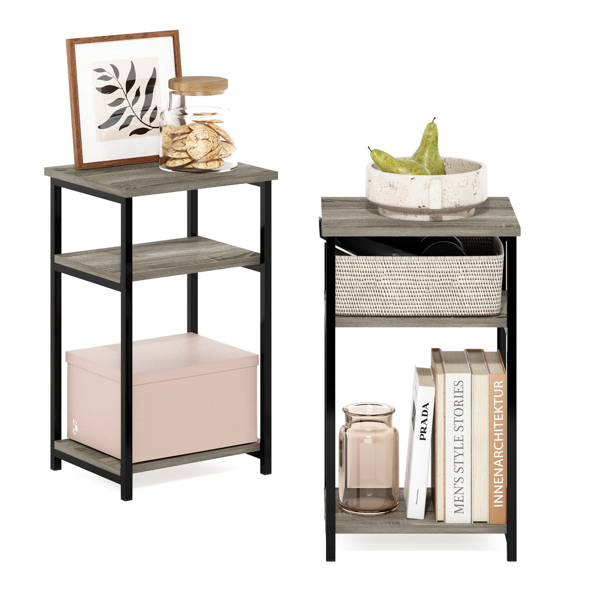 Furinno JUST Side Table Set of 2, 3-Tier Modern Metal Frame End Table with Open Shelf, Night Stand, Bedside Table, Easy Assembly,for Living Room - image 2