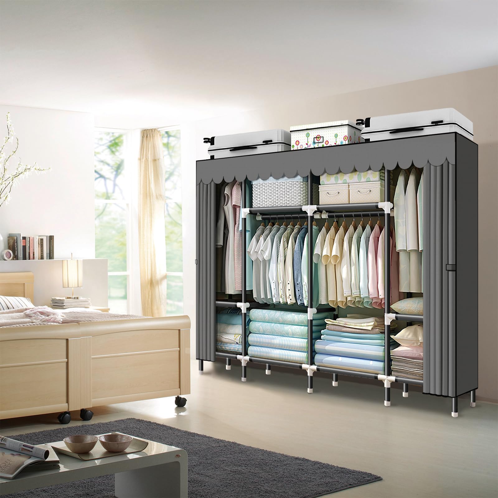 HESMENO Portable Wardrobe – Large Steel Frame Clothes Closet, Grey