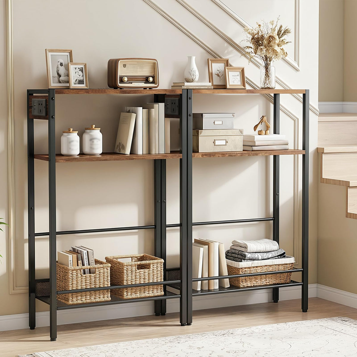 HOOBRO 3-Tier Console Table with Charging Station 1AC, 1USB, 1Type-C, Hallway Table with Adjustable Shelf