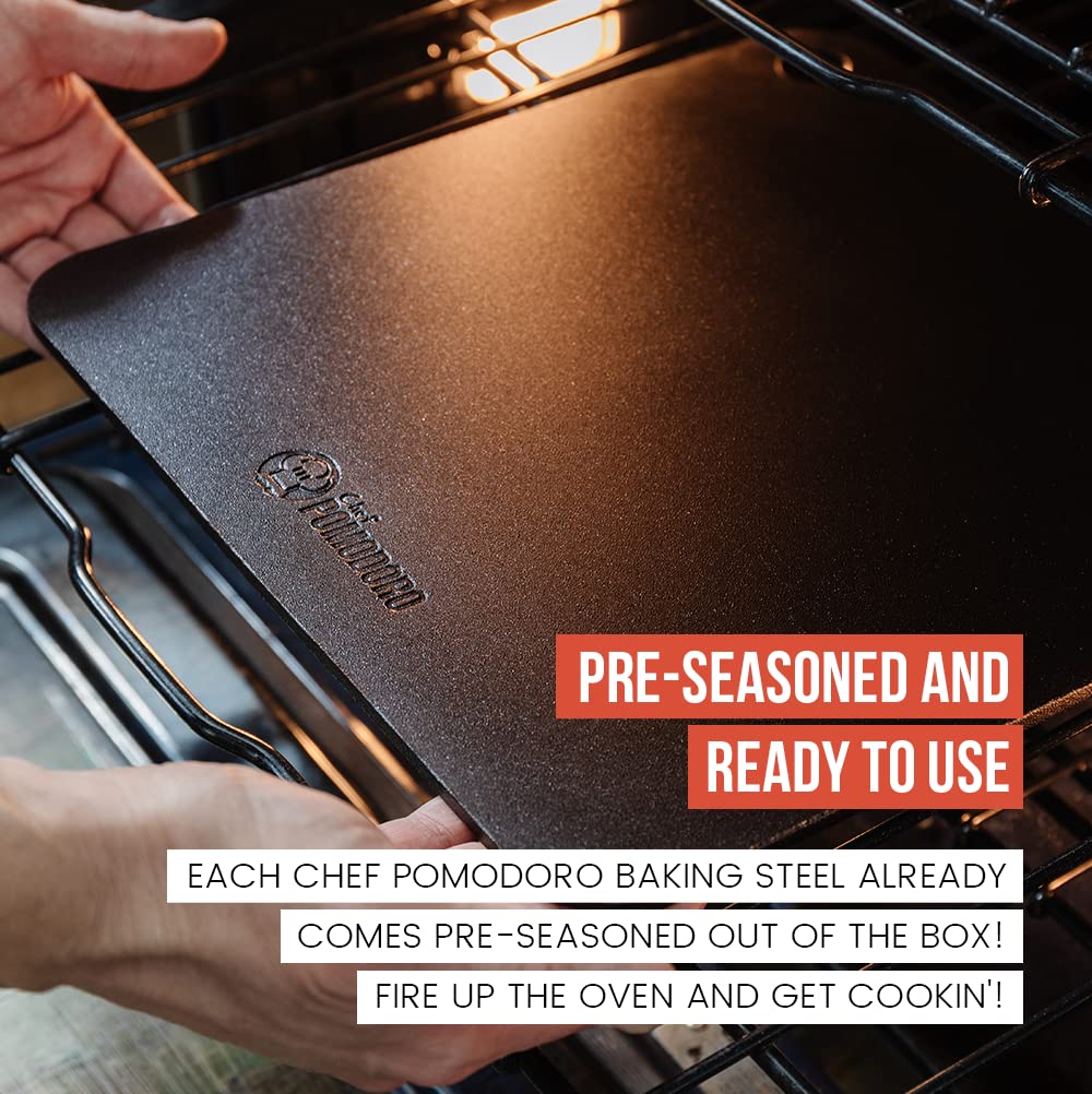 Chef Pomodoro Pizza Steel – 13-Inch Pre-Seasoned Carbon Steel Baking Stone
