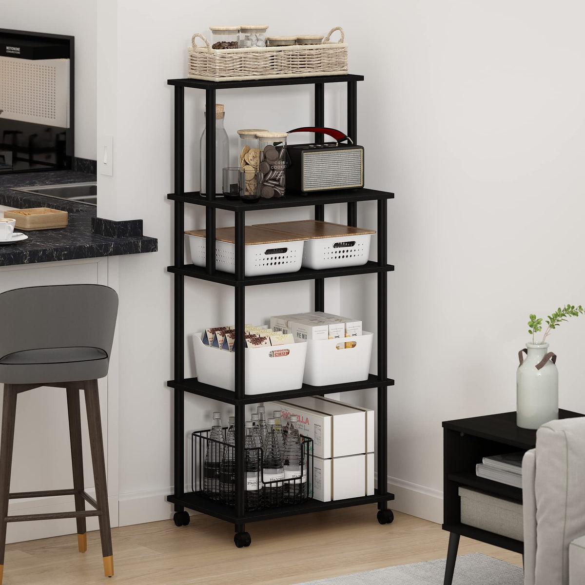 Furinno TURN-N-TUBE Bakers Rack with Wheels, 5-Tier Kitchen Storage Cart, Kitchen Cart, Coffee Bar, Pantry Organizers and Storage, Americano - image 3