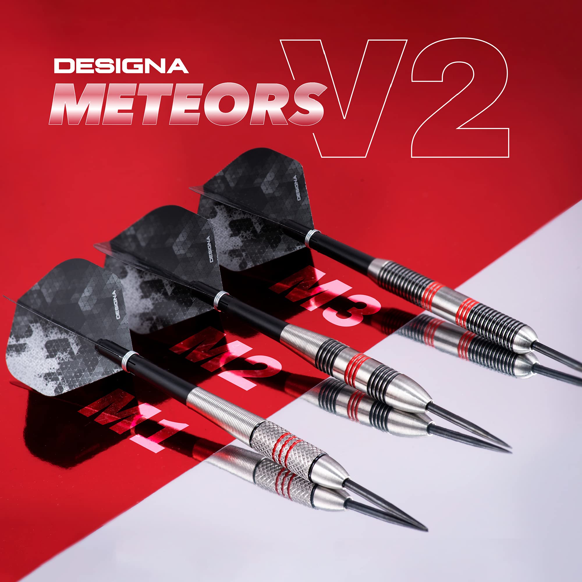 Designa Meteors 90 V2 Steel Tip Darts - 90% Tungsten Ringed - 36g