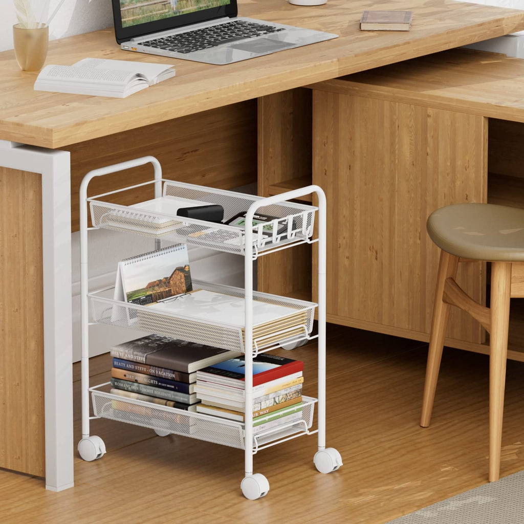 OVICAR Mesh Wire 3 Tier Rolling Cart, Kitchen Storage Utility Cart, Multifunction Basket Stand for Bathroom