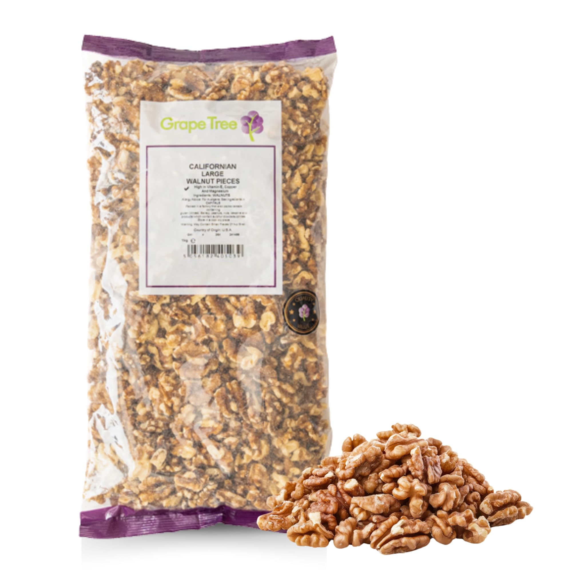 Grape Tree Californian Large Walnut Pieces – 1kg Bulk Raw Baking Nuts