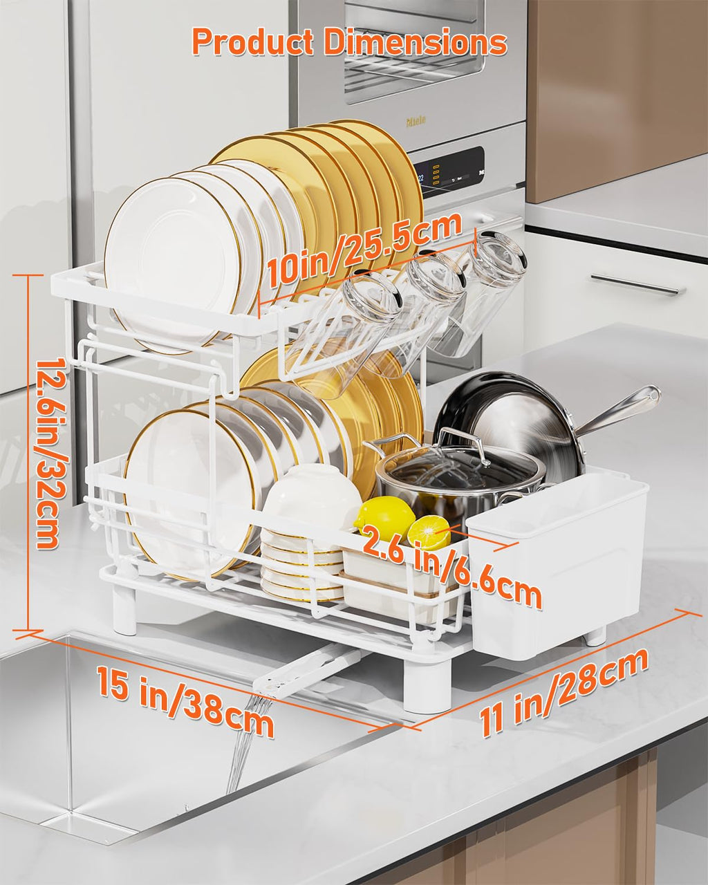 LIONONLY 2-Tier Dish Drying Rack with 360° Swivel Spout & Drip Tray