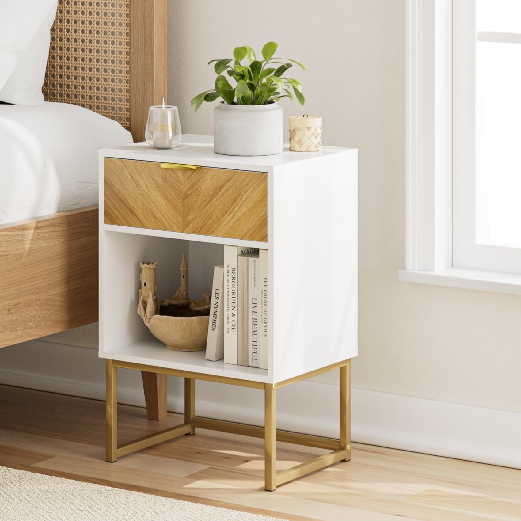 HEYZOEY Modern Bedside Table | 40cm Nightstand with Oak Drawer & Shelf