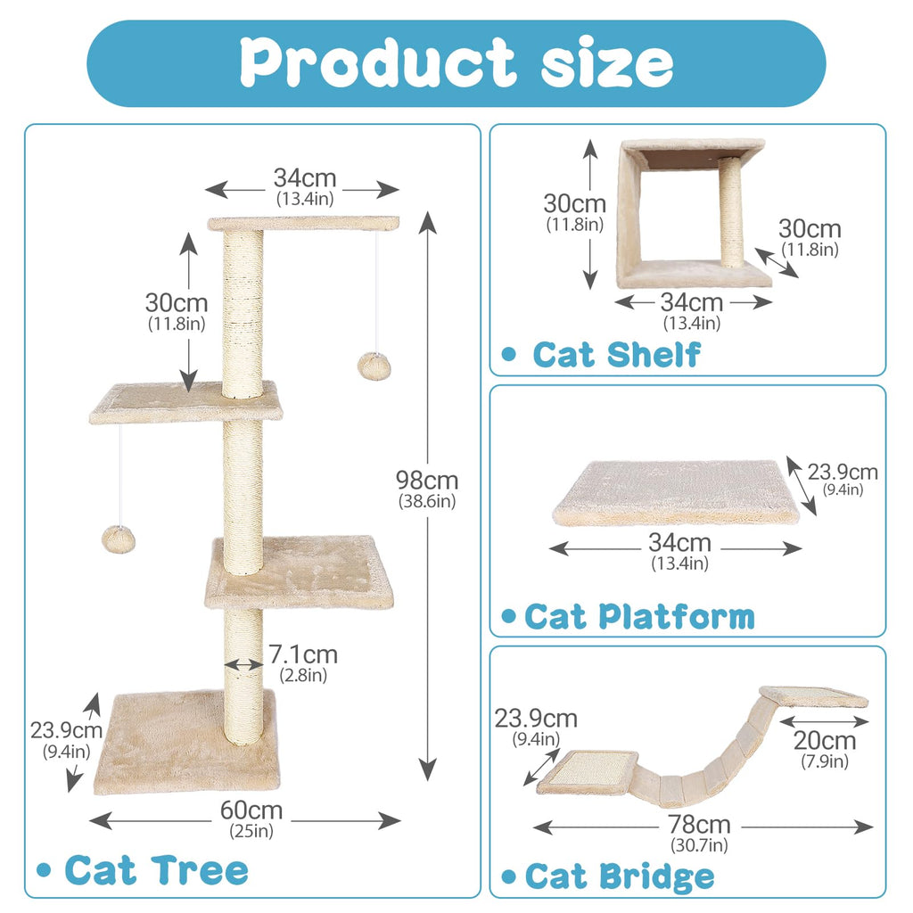 MASTERTOP 4-in-1 Cat Wall Furniture Set – Sisal Scratching Post & Tree