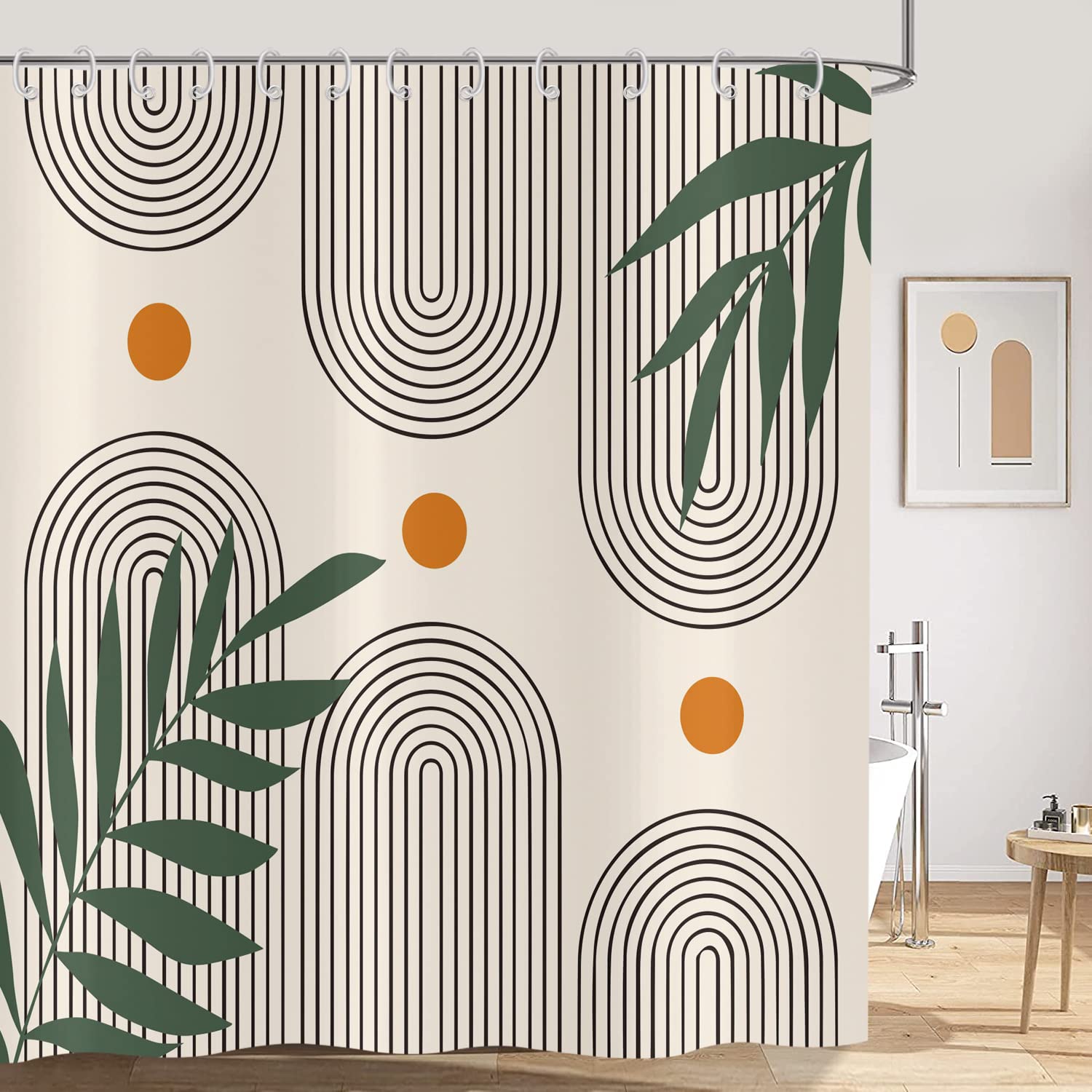 Hnmdmyi Boho Shower Curtain | Mid Century Abstract Green Leaf | 71x71 in