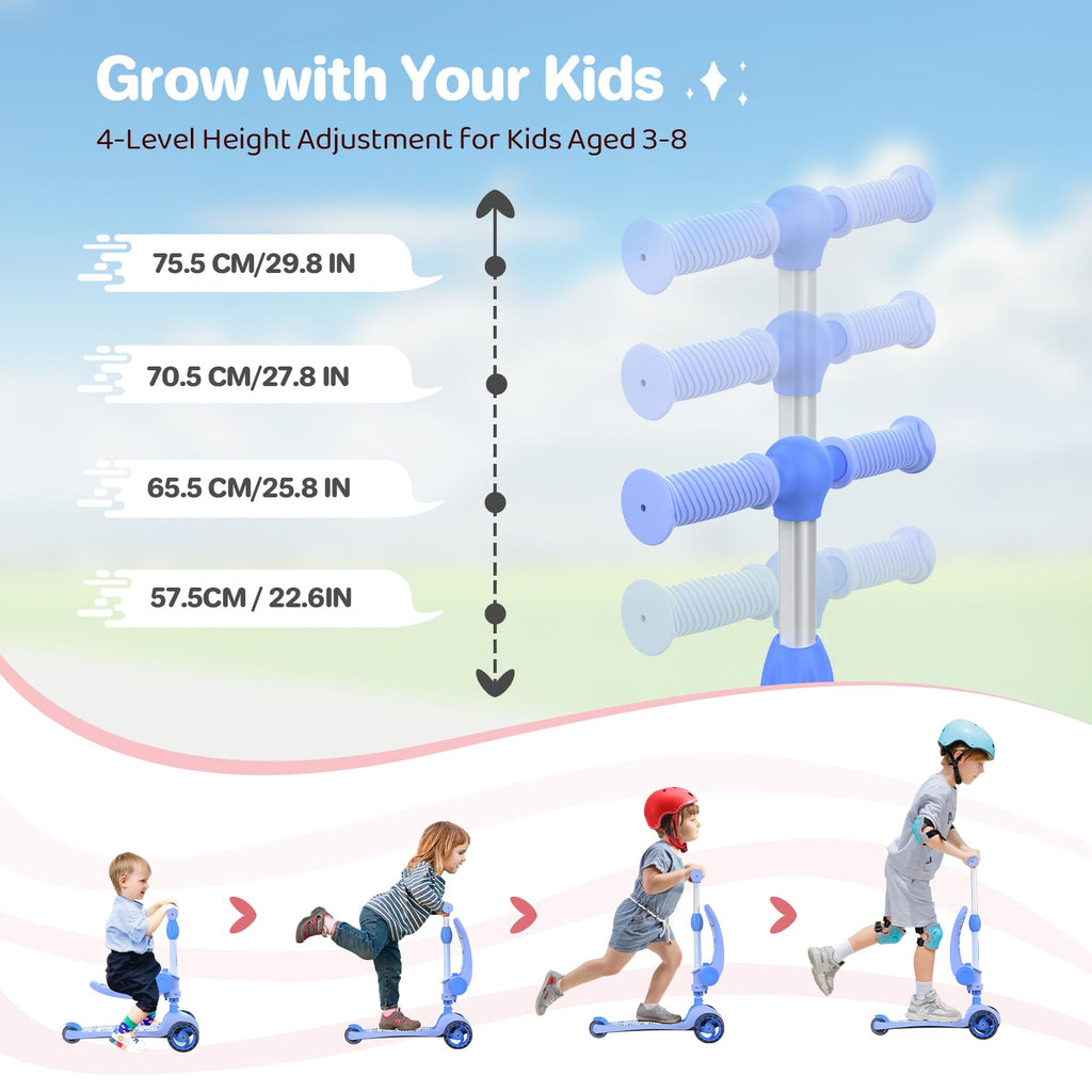 TONBUX 3 Wheel Kids Scooter with Foldable Seat and LED Flashing Wheels