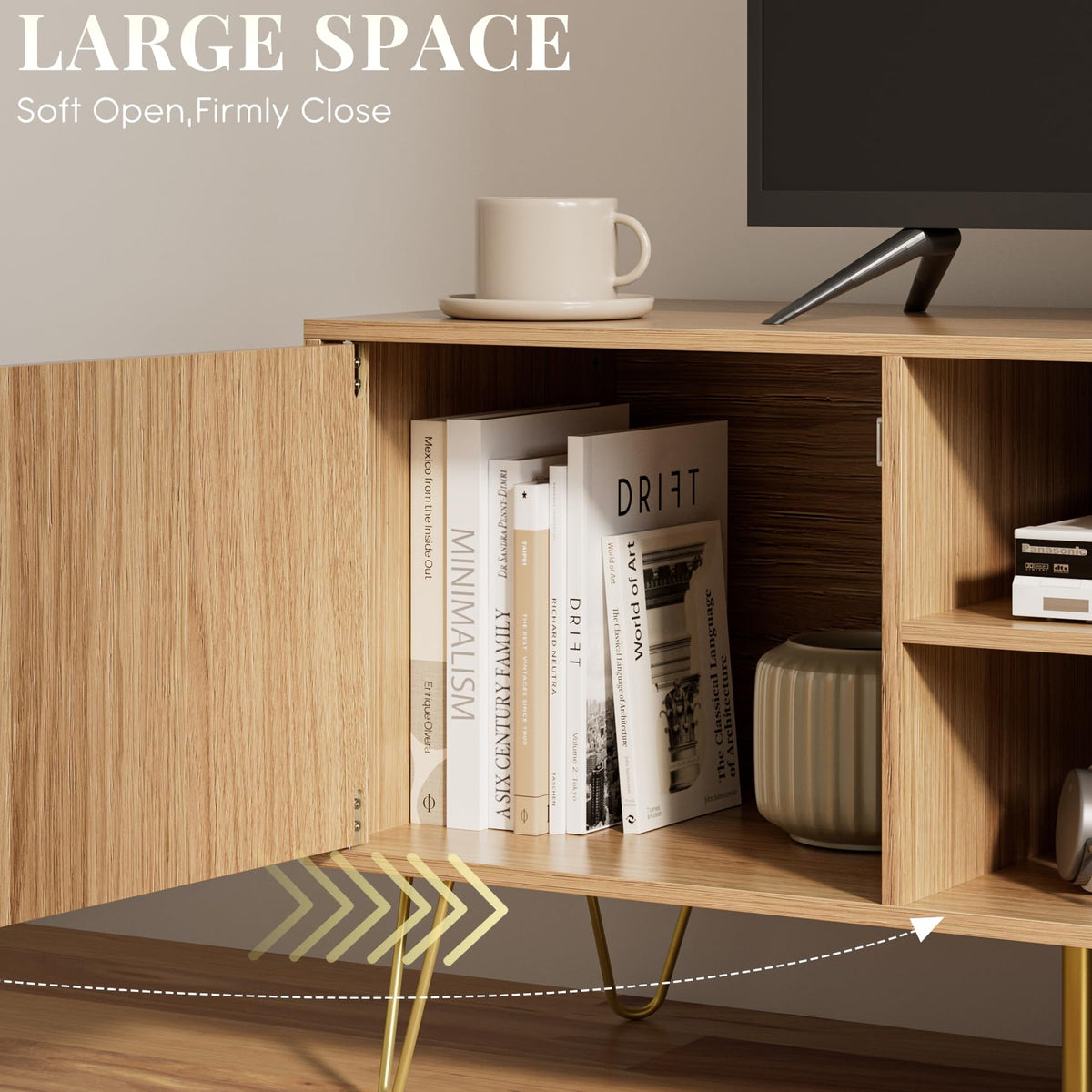 HEYZOEY Oak Fluted TV Stand, 2 Cabinets, Gold Legs, for TVs up to 65 in - image 3