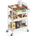 KINGRACK 3-Tier Rolling Utility Cart with Wooden Board and Drawer | White